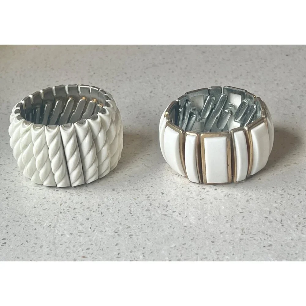 Expansion Bracelets MCM White Thermoset Lot Of 2 Rope Rectangular Retro Boho - Picture 4 of 6